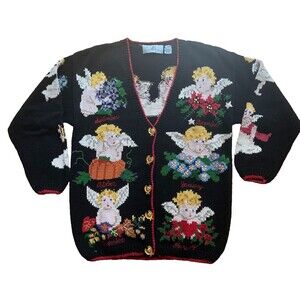 Vintage 90s Design Options Angel Cardigan Sweater S Monthly Angels Wearable Art